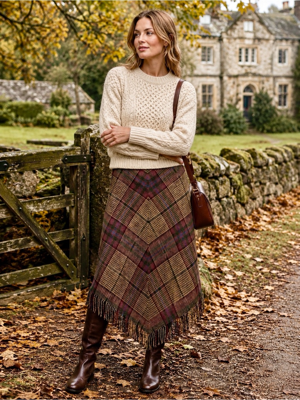 Lauren Ralph Lauren Petite Plaid Wool Fringe Midi Skirt Leather Trim 10P